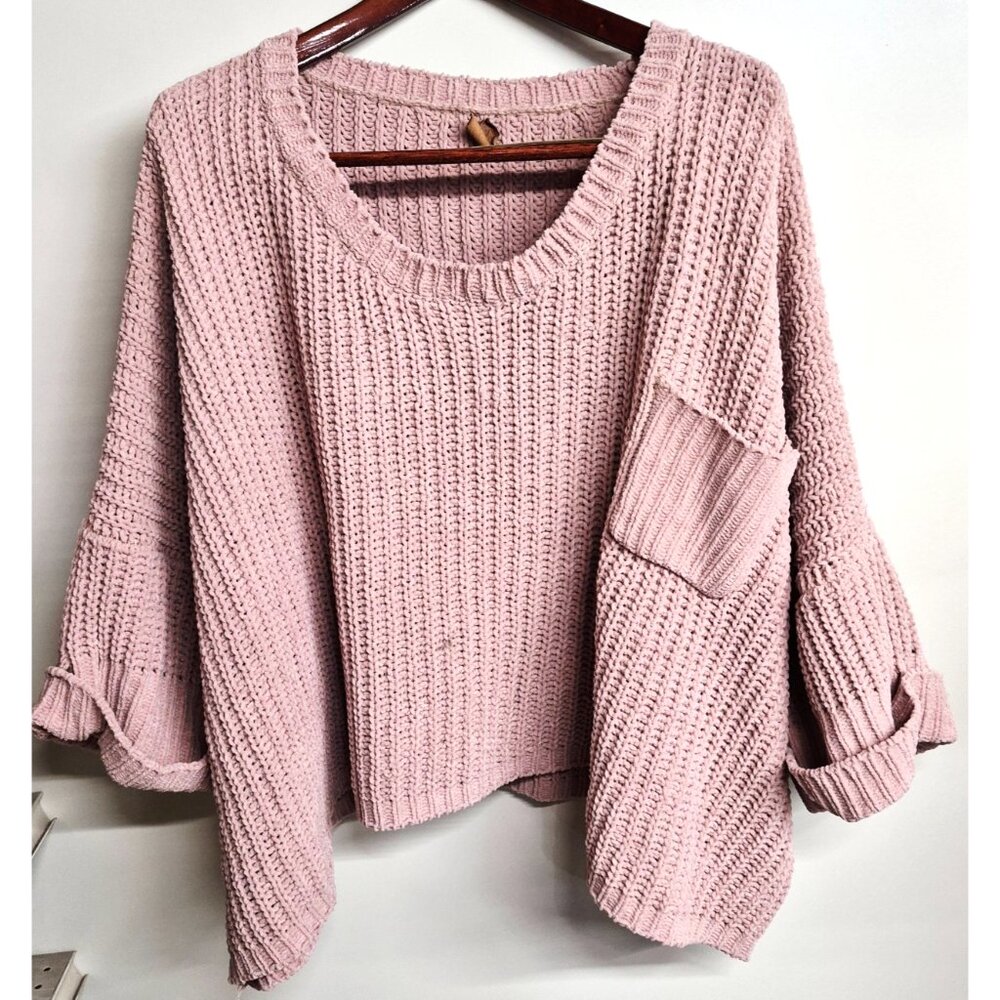 POL Women's Oversized Mauve Pink 3/4 Sleeve Chunky Crochet Sweater Size XL